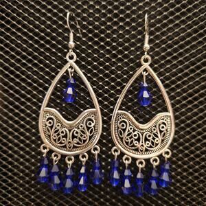 Antique silver and royal blue faceted glass crystal chandelier earrings